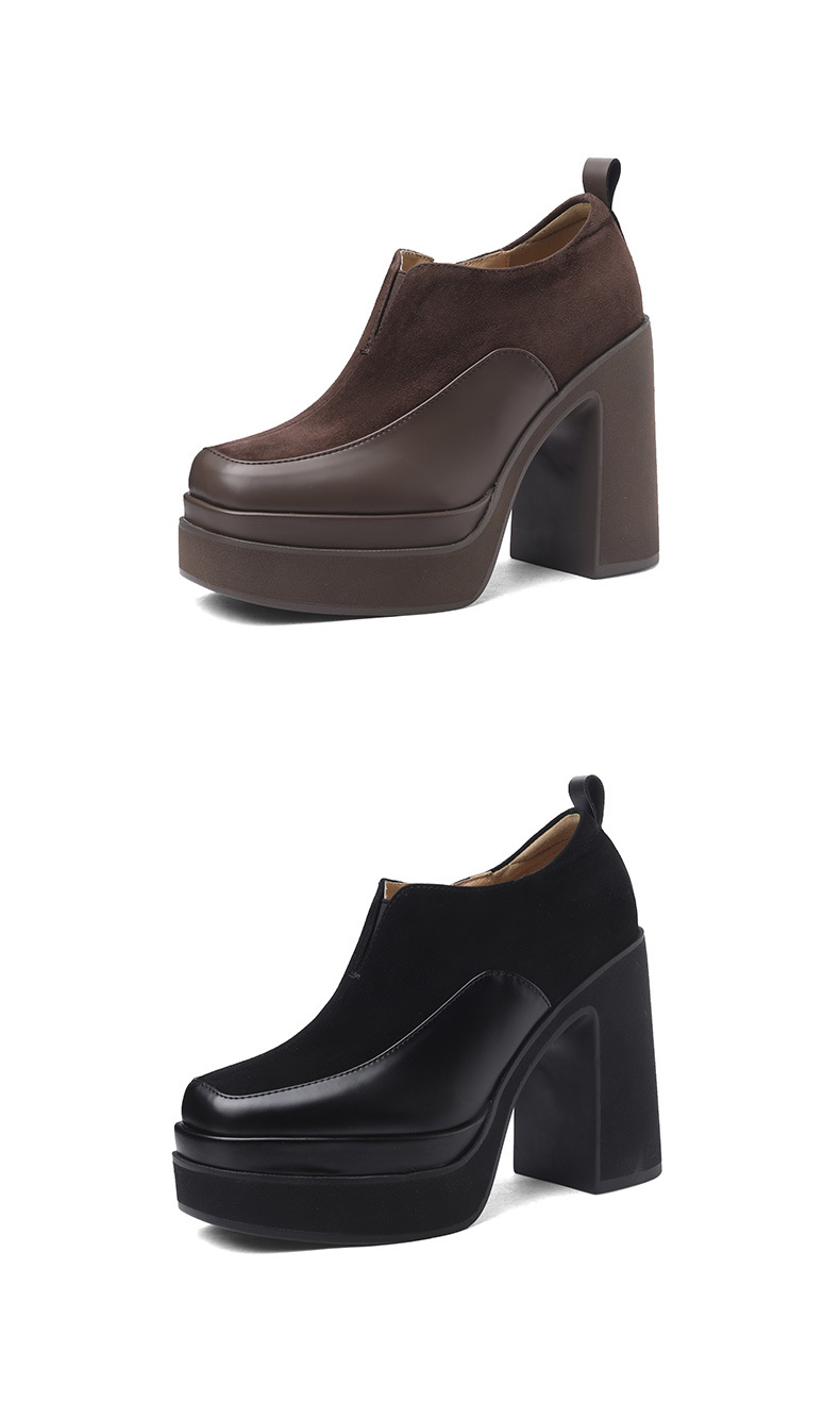 Giày cao gót nữ mũi vuông đế xuồng platform gót vuông 9 cm, phối màu tương phản, form dáng loafer — màu nâu, màu đen chi tiết 10