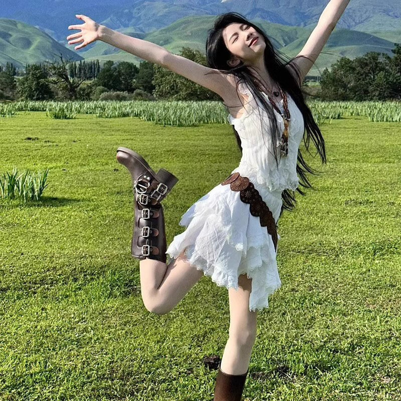 美拉德西部牛仔靴女2025年新款春秋粗跟长筒靴不过膝高筒马丁靴子|undefined