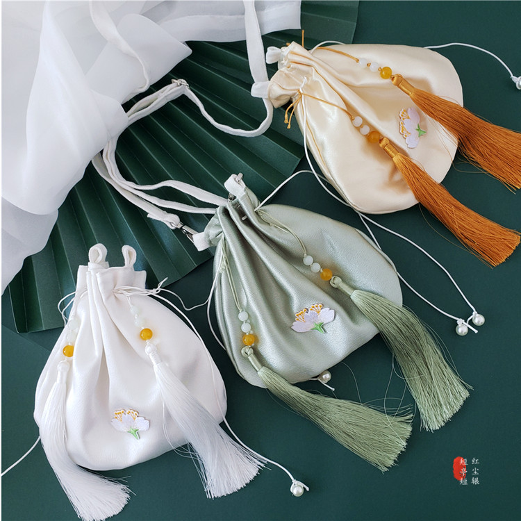New Chinese style satin Hanfu bag Song Dynasty bag embroidered tassel bag with hanfu small round bag ancient style bag crossbody