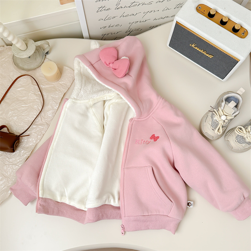 Xianning siete ropa para niños 24 invierno nuevo abrigo para niños niñas lindo ktcat bordado con capucha más chaqueta de suéter de terciopelo