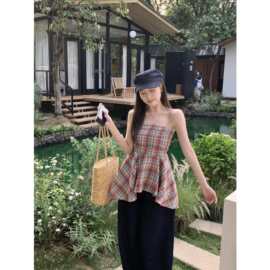 大码胖MM夏季新款设计感撞色格子上衣不规则修身显瘦抹胸