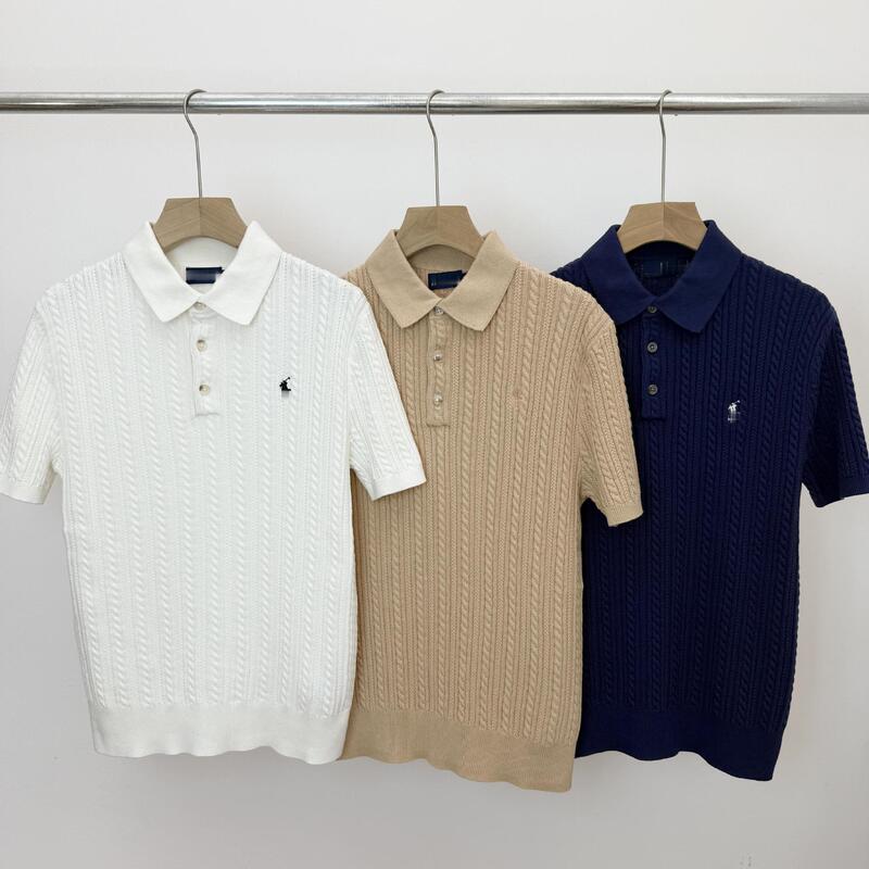 High-quality RL26 spring/summer men's polo collar 3-button cable-knit embroidered pure cotton knitted short-sleeve casual sweater