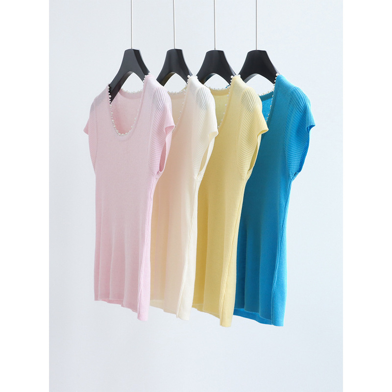 Chanel-Style Pearl Summer Linen Blend Round-Neck Knit Short-Sleeve Retro Dopamine Slim-Fit Pullover T-Shirt Top