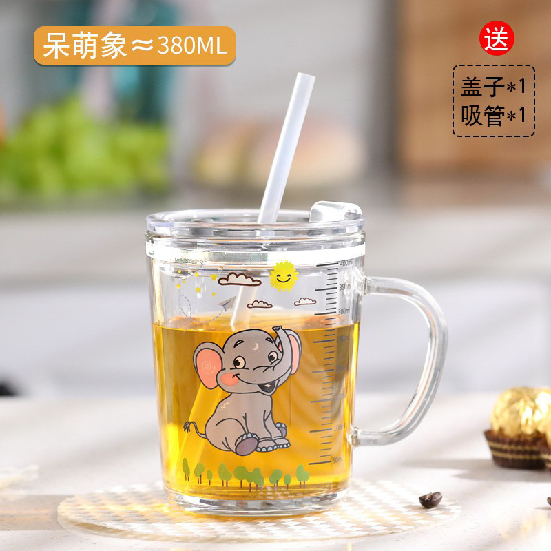 吸管玻璃杯家用儿童水杯可爱卡通刻度牛奶杯带把手耐高温吸管水杯|undefined