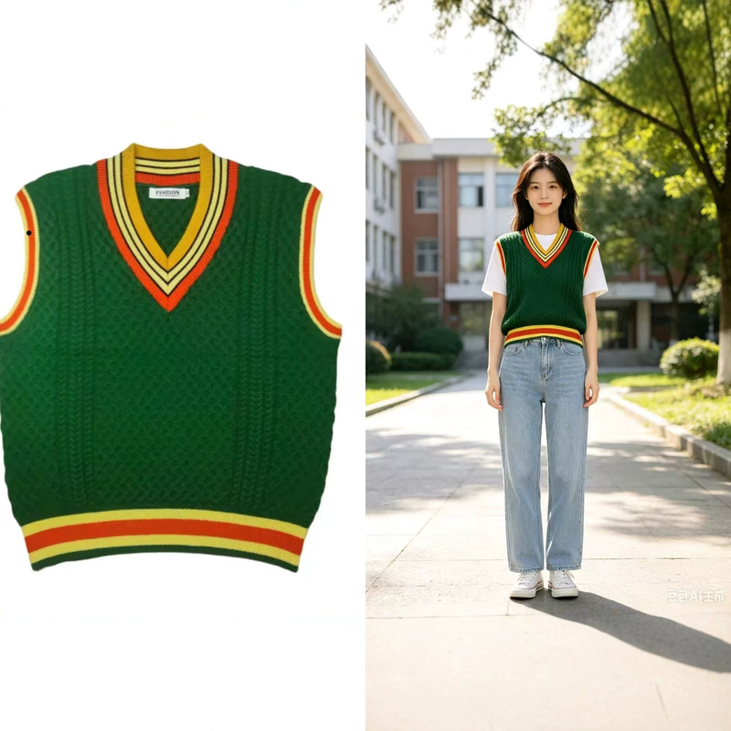 American-Style Campus Style Twist-Knit Vest, Yellow-Green-Orange Color-Blocked Striped V-Neck Sleeveless Sweater Vest for Students American-Style Campus Style Twist-Knit Vest, Yellow-Green-Orange Color-Blocked Striped V-Neck Sleeveless Sweater Vest for Students