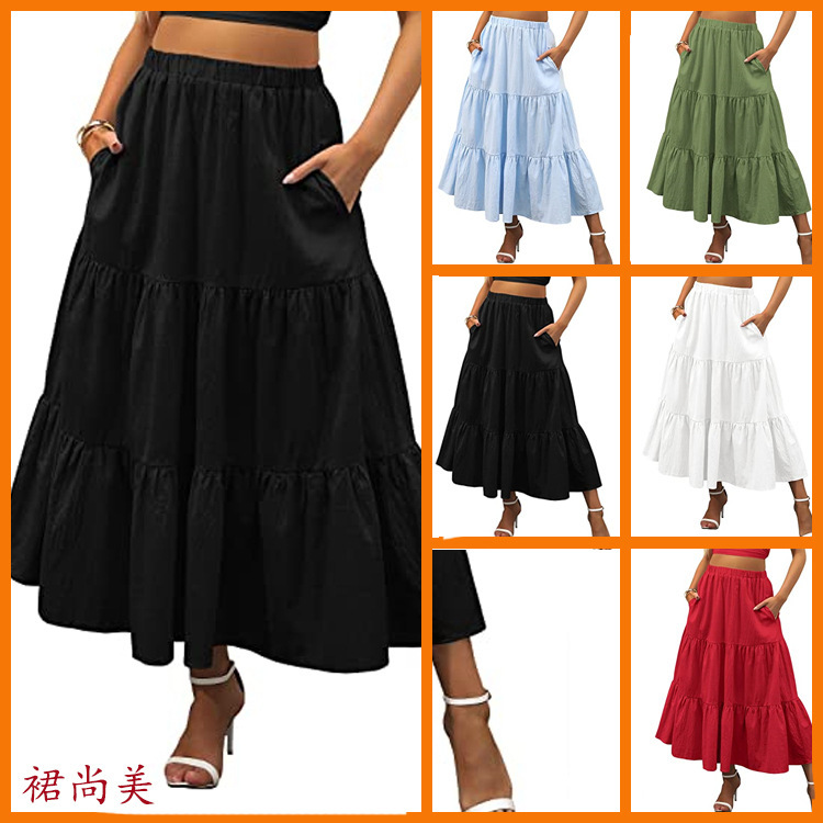 2022 Women's Summer Bohemian Pleated A- Line Elegant Swing Layered Long Skirt with Pockets
