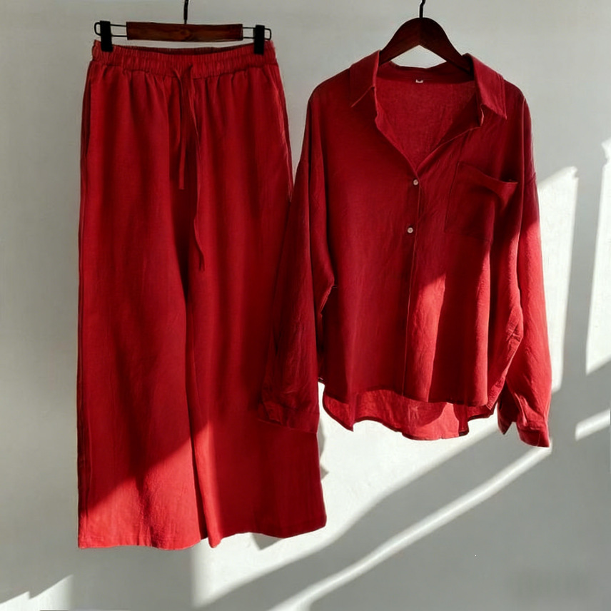 Women's Clothing Women's Retro Plus Size Cotton Linen Shirt Set High Waisted Loose Fitting Trousers Two Piece Set 20 Colors_ecoleips.com