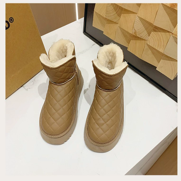 Кожаные снежные сапоги женский зимний бархат утолщение 2024 новый сетчатый красный северо-восточный короткоствольный толстый кекс