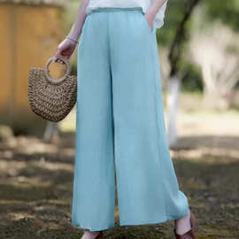 2025夏季新款宽松版纯色苎麻飘逸阔腿裤文艺气质通勤高腰休闲裤女