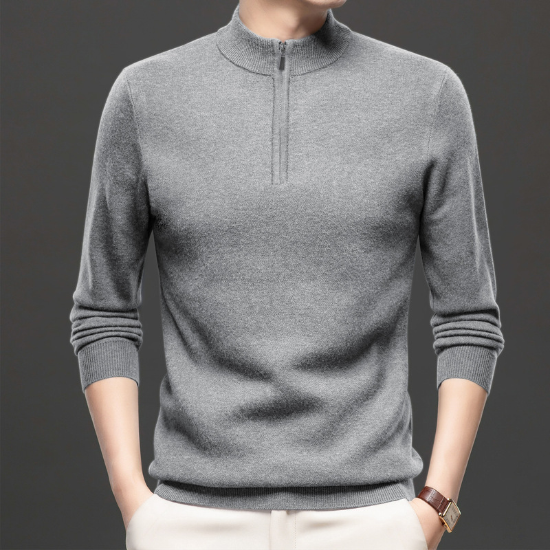 Autumn and Winter New Half Zipper Solid Color Sweater Men's Half High Neck Thickened Warm Casual All-match Knitted Base Shirt
