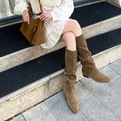 牛皮版~法式复古尖头西部牛仔靴女2025秋冬新款卡其绿中筒短靴女