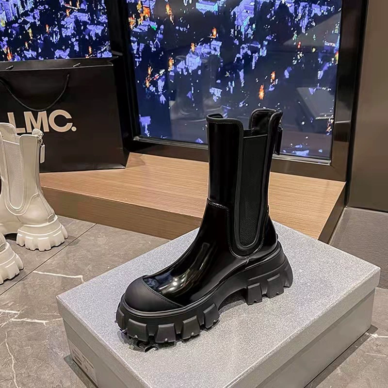 Женские осенне-зимние короткие ботинки на толстой подошве, увеличивающие рост, с элегантным дизайном, ботинки челси до середины икры, универсальный британский стиль.