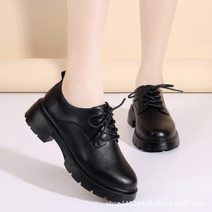 Genuine Leather women's shoes Spring and Autumn new small leather shoes black all-match round toe platform wedge casual single-layer shoes for women