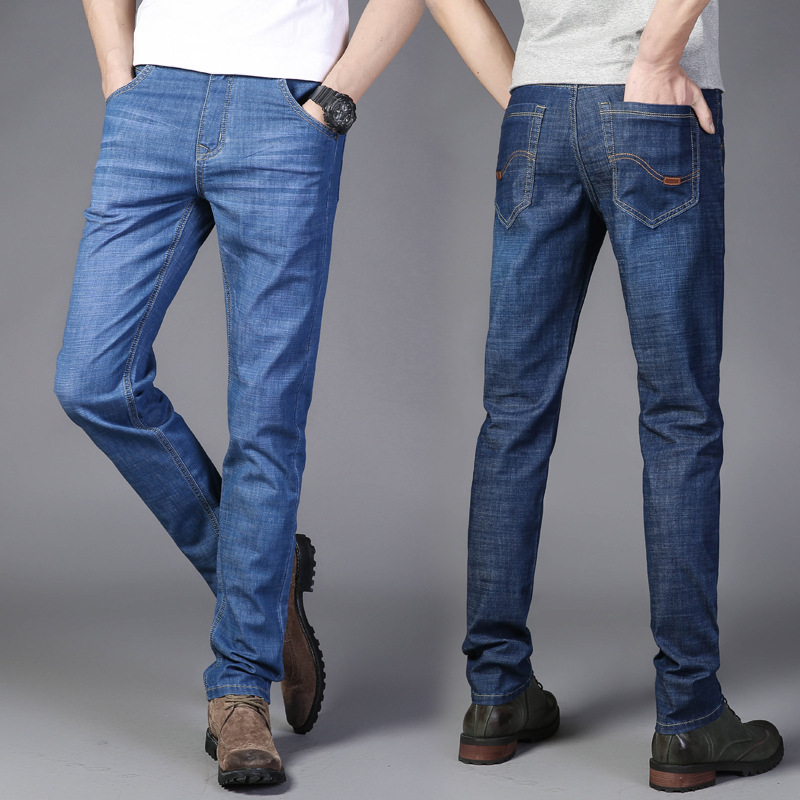 Spring and Summer Men's Mid-Waist Stretch Jeans Men's Straight Slim-Fit Youth Casual Trousers Trendy Thin Men's Pants