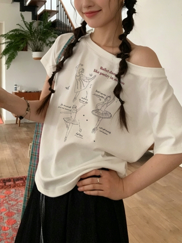 American-Style Off-Shoulder Short-Sleeve Women's T-Shirt, New Summer Design with a Unique Ballet-Inspired Casual Loose Fit