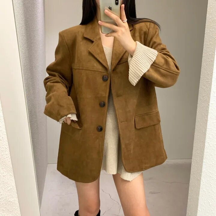 chic韩国秋冬美式复古咖色鹿皮绒西装外套美拉德长袖西服女