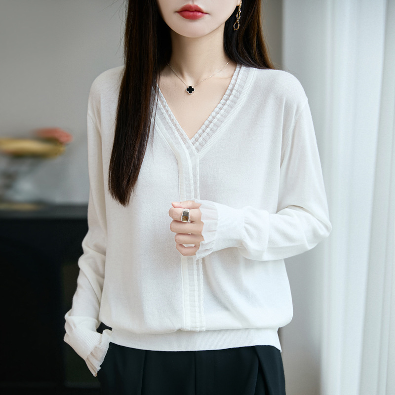 早秋新款时尚蕾丝拼接V领宽松针织衫女减龄气质显瘦百搭女装上衣|undefined