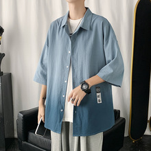 冰丝衬衫男士七分短袖亚麻衬衣夏季设计感港风日系潮休闲衬衫外套