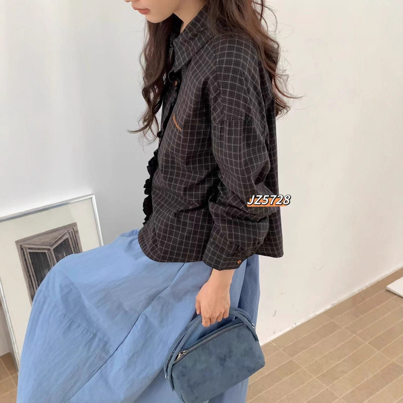 格子长袖衬衫 2025秋季新款 气质木耳边拼接开衫衬衣女上衣潮5728|undefined