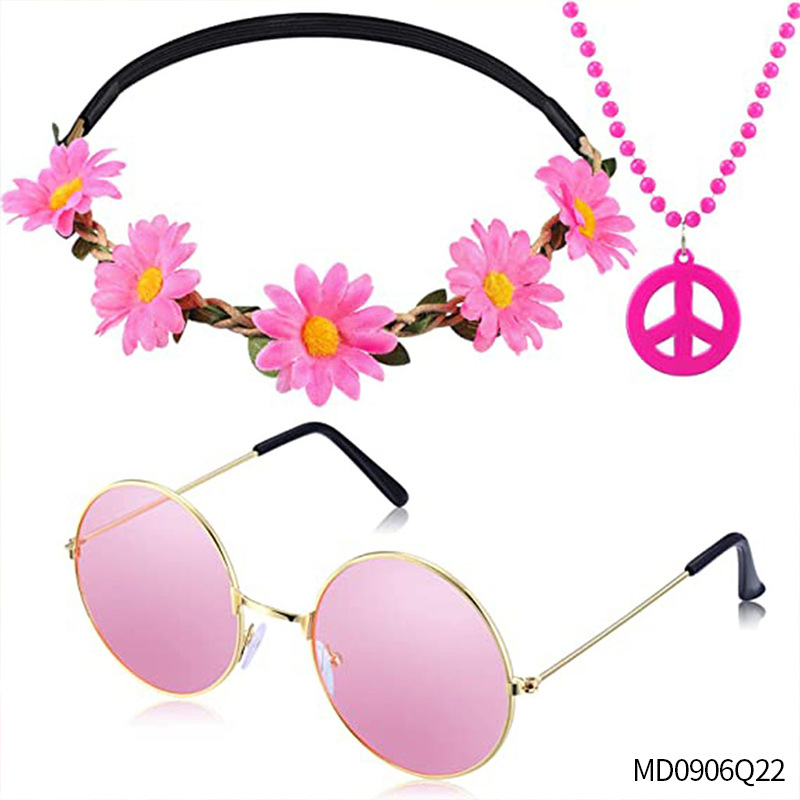 Accesorios de vestir hippies de la década de 1960, diadema de girasol, gafas redondas, conjunto de aretes de collar de talismán de paz