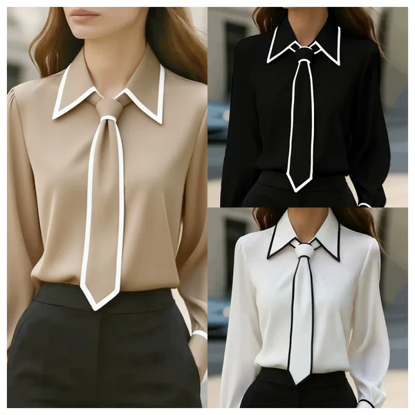 2025 Amazon Aliexpress Hot Style Autum Fashion Pure Color Commuter Tie Long-Sleeved Shirt Women's Clothing