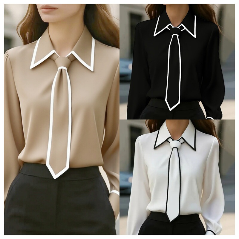 2025 Amazon Aliexpress Hot Style Autum Fashion Pure Color Commuter Tie Long-Sleeved Shirt Women's Clothing
