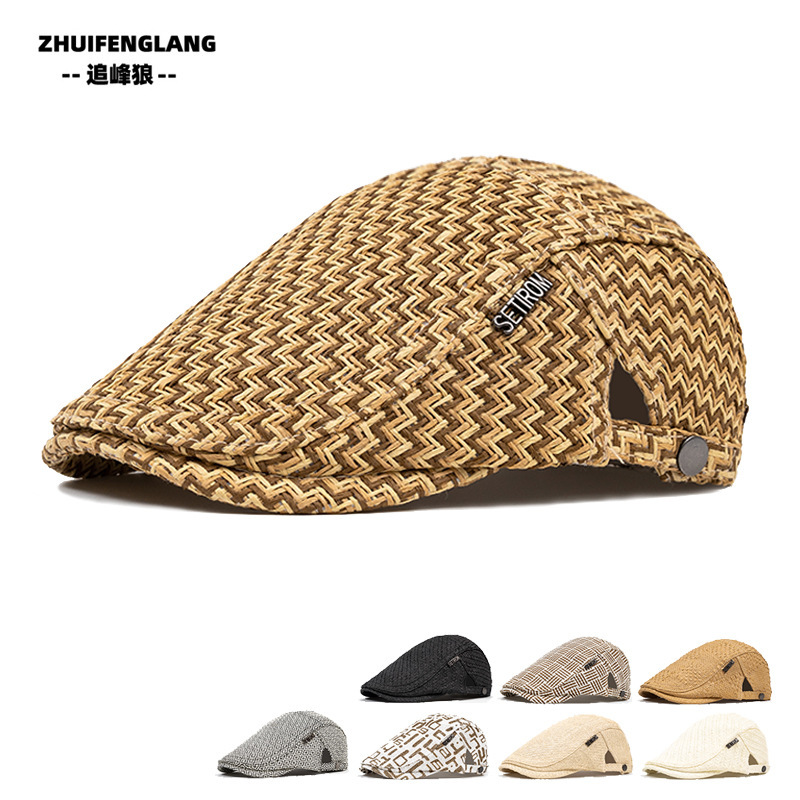 Straw Hat Men's Summer Sunscreen Sunshade Hat Middle-aged and Elderly Straw Peaked Cap Breathable Forward Cap British Beret Hat Straw Hat Men's Summer Sunscreen Sunshade Hat Middle-aged and Elderly Straw Peaked Cap Breathable Forward Cap British Beret Hat