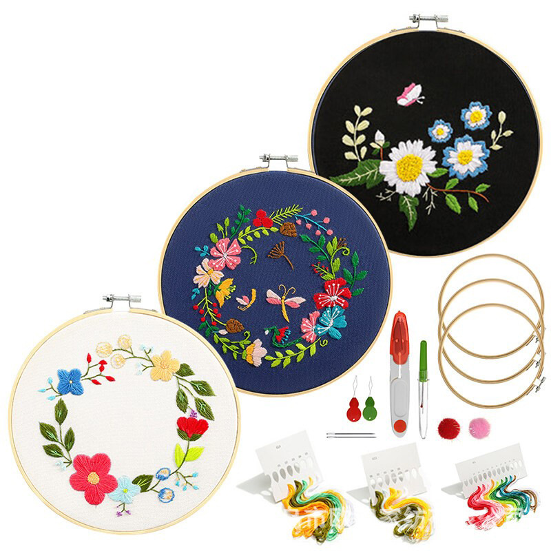 Hecho a mano DIY material de bordado Paquete de estilo europeo mariposa fresca danza floral flores y plantas en blanco y negro kit de costura de mariposa