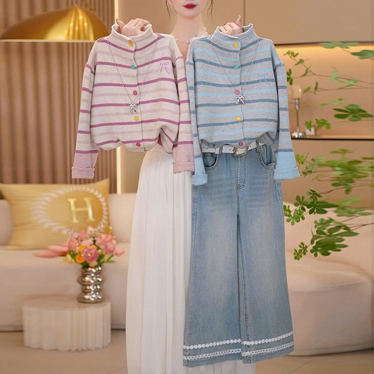 Girls' autumn outfit 2026 new stylish knitted cardigan sweater and denim flared pants two-piece set for older children