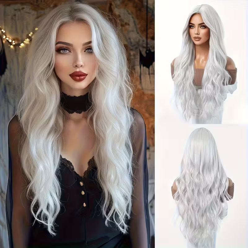 Temu Cross-Border Amazon Hot-Selling Pure White Middle-Parted Long Curly Wig for Women, Synthetic Fiber Full Wig, Wholesale from Manufacturer Temu Cross-Border Amazon Hot-Selling Pure White Middle-Parted Long Curly Wig for Women, Synthetic Fiber Full Wig, Wholesale from Manufacturer