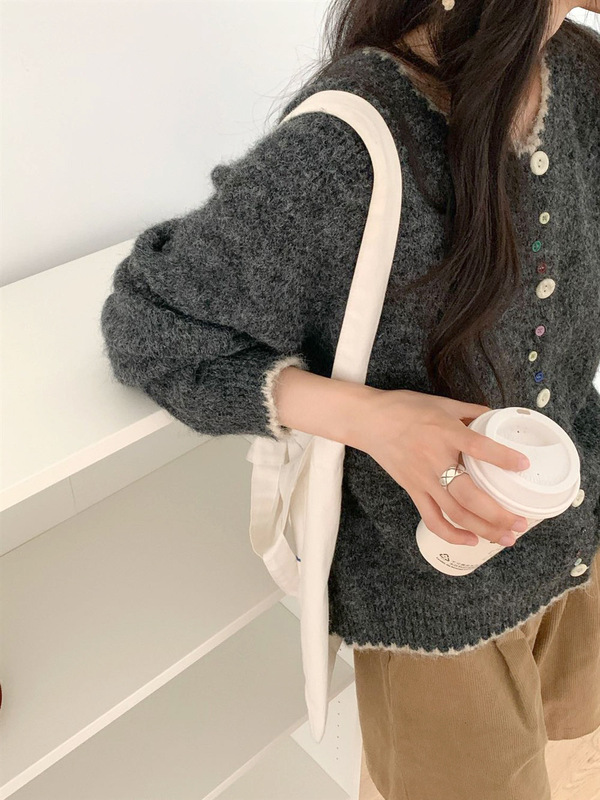 韩系复古波浪纹圆领彩色纽扣设计感针织开衫女宽松软糯毛衣外套秋|undefined