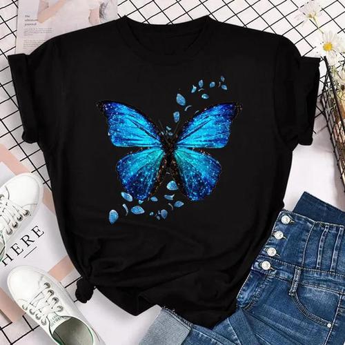 Fashionable Women's T-Shirt with Colorful Butterfly and Petal Print Short-Sleeve and Round Neck Cute Graphic T-Shirt Top for Girls