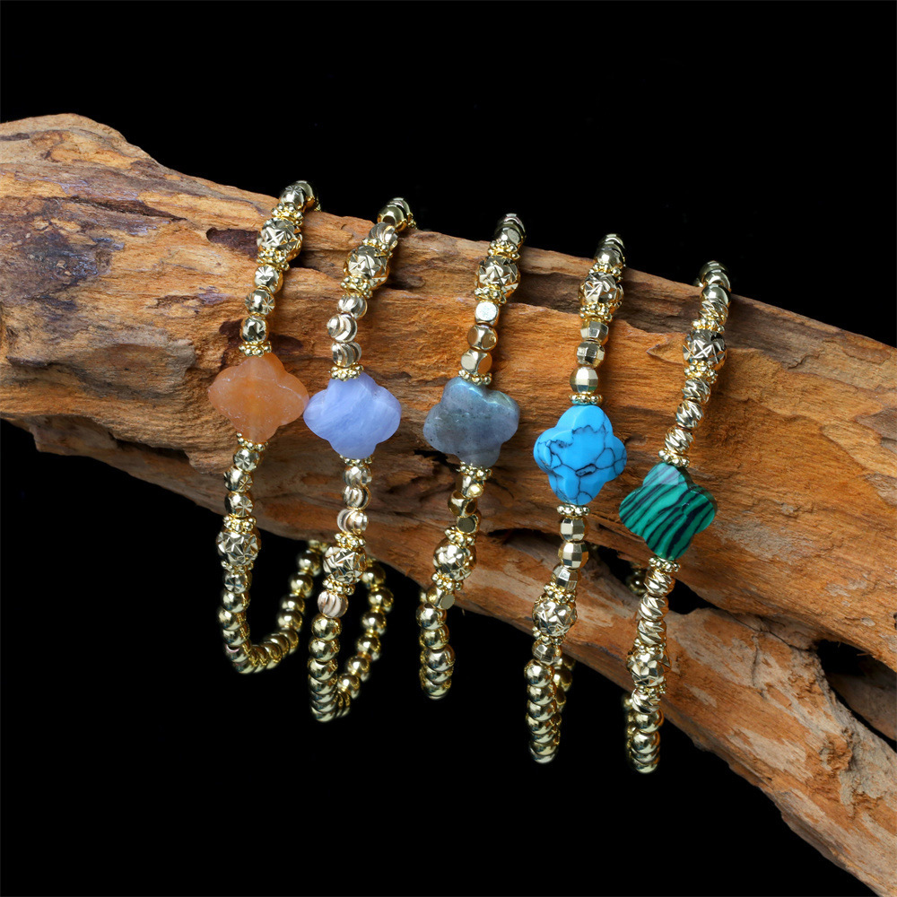 Nueva Pulsera De Trébol De Cuatro Hojas De Piedra Semipreciosa Pulsera De Cuentas Chapada En Oro De Cobre Simple display picture 4