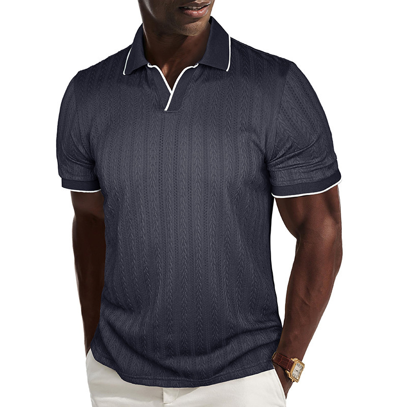 Cross-Border European and American Summer Men's Short-Sleeved Textured Jacquard Knit Polo Shirt Regular Fit Stretch Golf Shirt