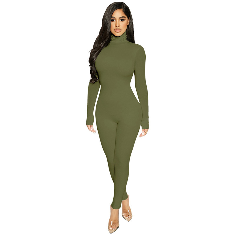 Solid Color Tight-Fitting High Neck Long Sleeve Jumpsuit NSYOM111175