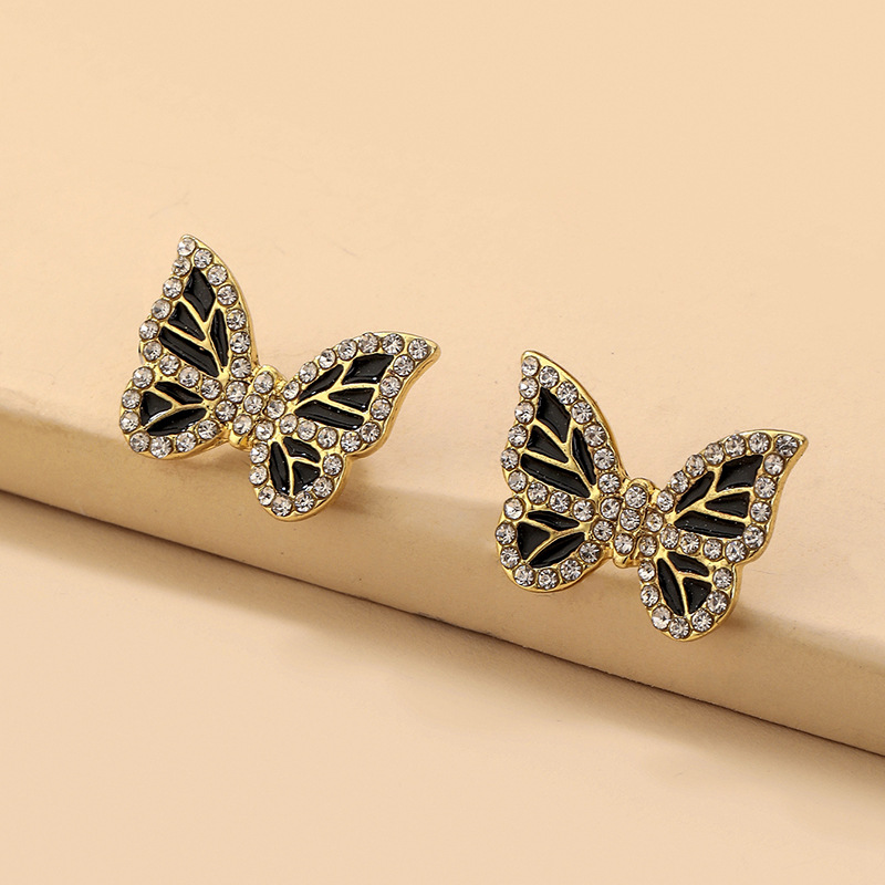 Fashion Black Inlaid Rhinestone Butterfly Stud Earrings Wholesale Nihaojewelry display picture 7
