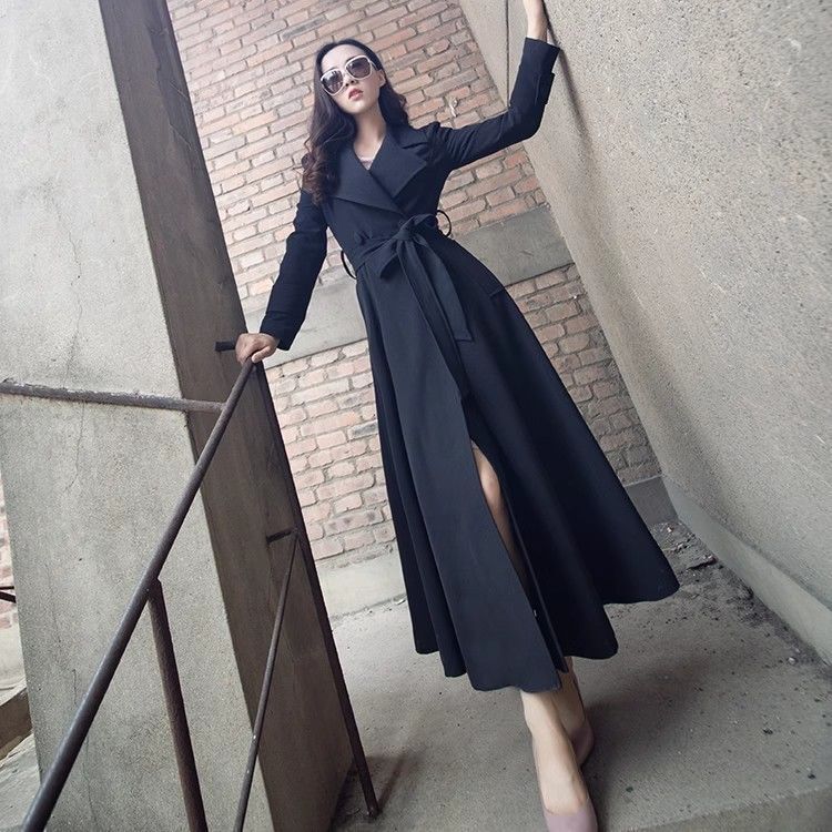 超长款过膝风衣女2025新款气质修身显瘦系带经典黑色春秋外套大码|undefined