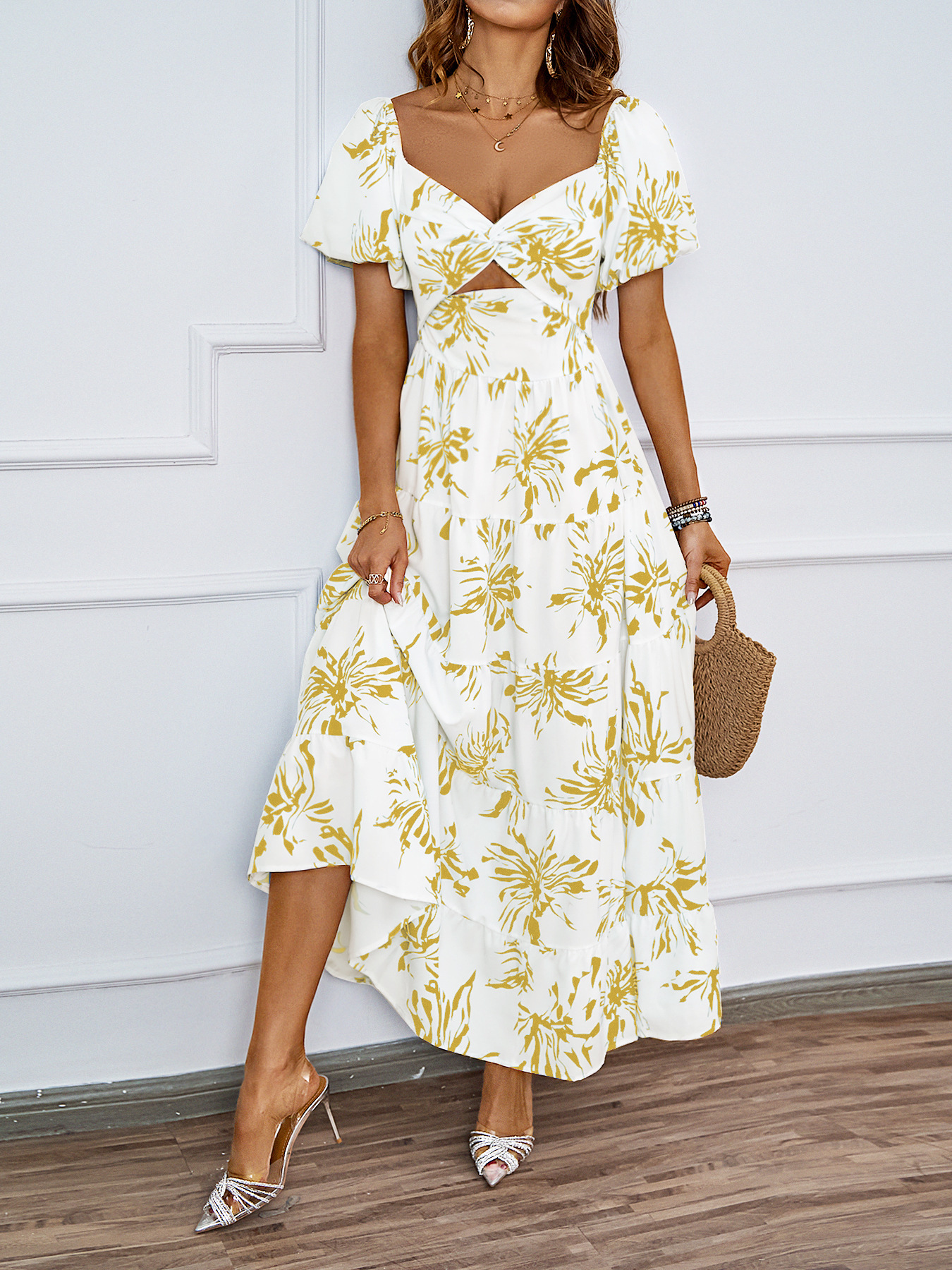455g Weight Maxi Long Dress Dress Length Type Short Sleeve Sleeve Length Swing Dress Dresses Type Puff Sleeve Sleeve Type Polyester Fabric Type High Waist Waist Line Holiday, Daily Occasion Off Shoulder Neckline Regular Fit Fit Type Color Block, Painted Flower Pattern Summer Season Women's Gender Printing Design Elegant, Streetwear Style Wholesale Women's Elegant Streetwear Printing Color Block Painted Flower  Holiday Daily Off Shoulder Short Sleeve Swing Dress 21