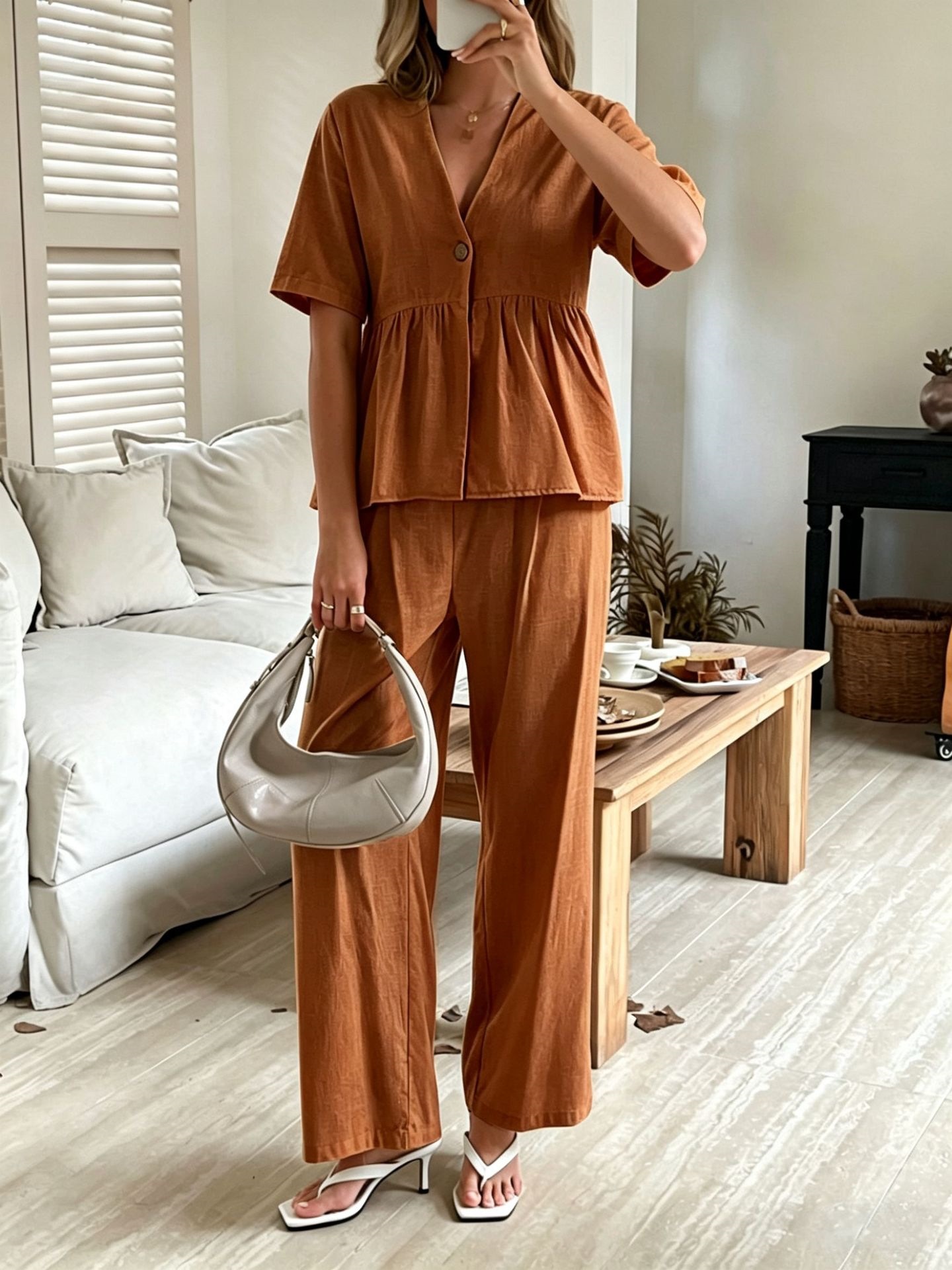 Women's Clothing Fashion Elegant Two Piece Set V Neck Loose Short Sleeved Top And Wide Leg Pants For Formal & Casual For Women_ecoleips.com