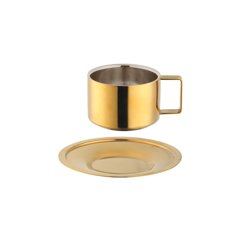 304 taza de café de doble capa de acero inoxidable estilo europeo con juego de platillo taza de té perfumado de oro Chapado en titanio taza de leche al por mayor