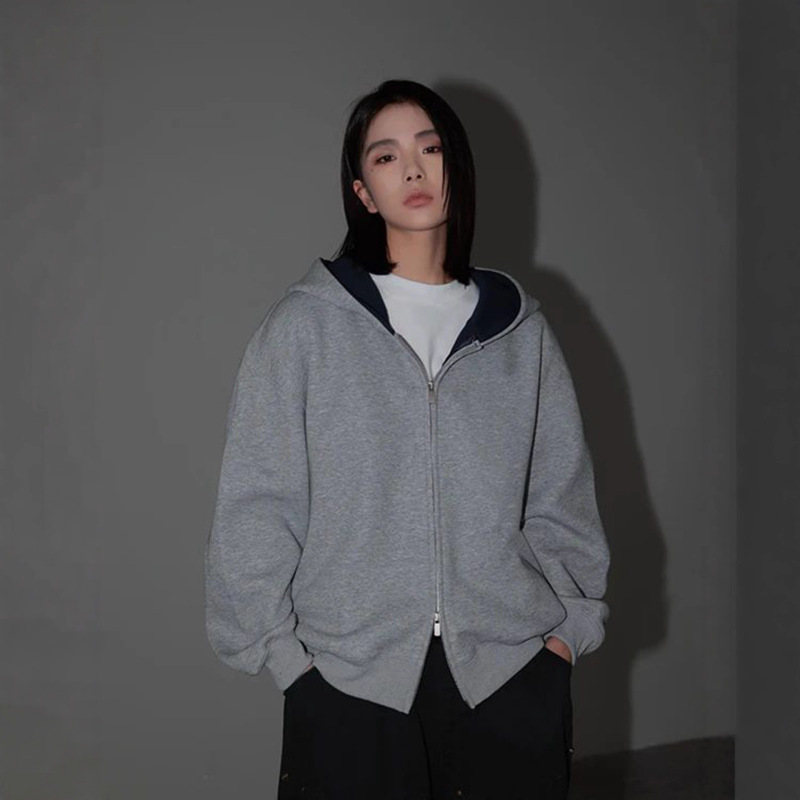 重磅拼色连帽卫衣男女同款美式覆古开衫外套休闲百搭运动夹克|undefined