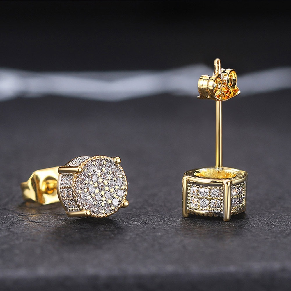 European and American Popular Full Diamond Hip-Hop Men's Earrings Micro-Encrusted All-Over Zircon Craft Earrings Wish Cross-Border Round Earrings