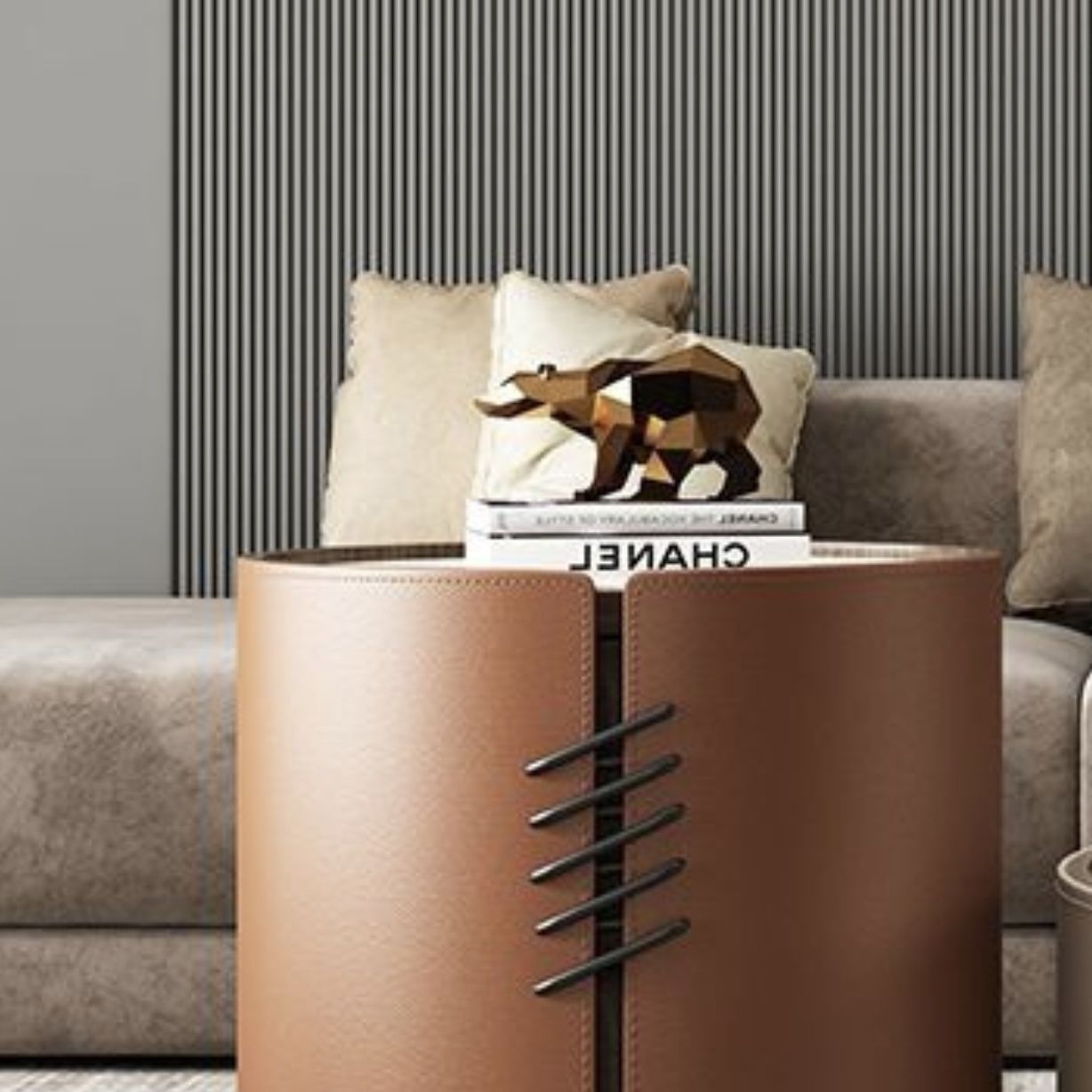 갈색 슬레이트 석재 조리대가 있는 작은 원형 커피 테이블