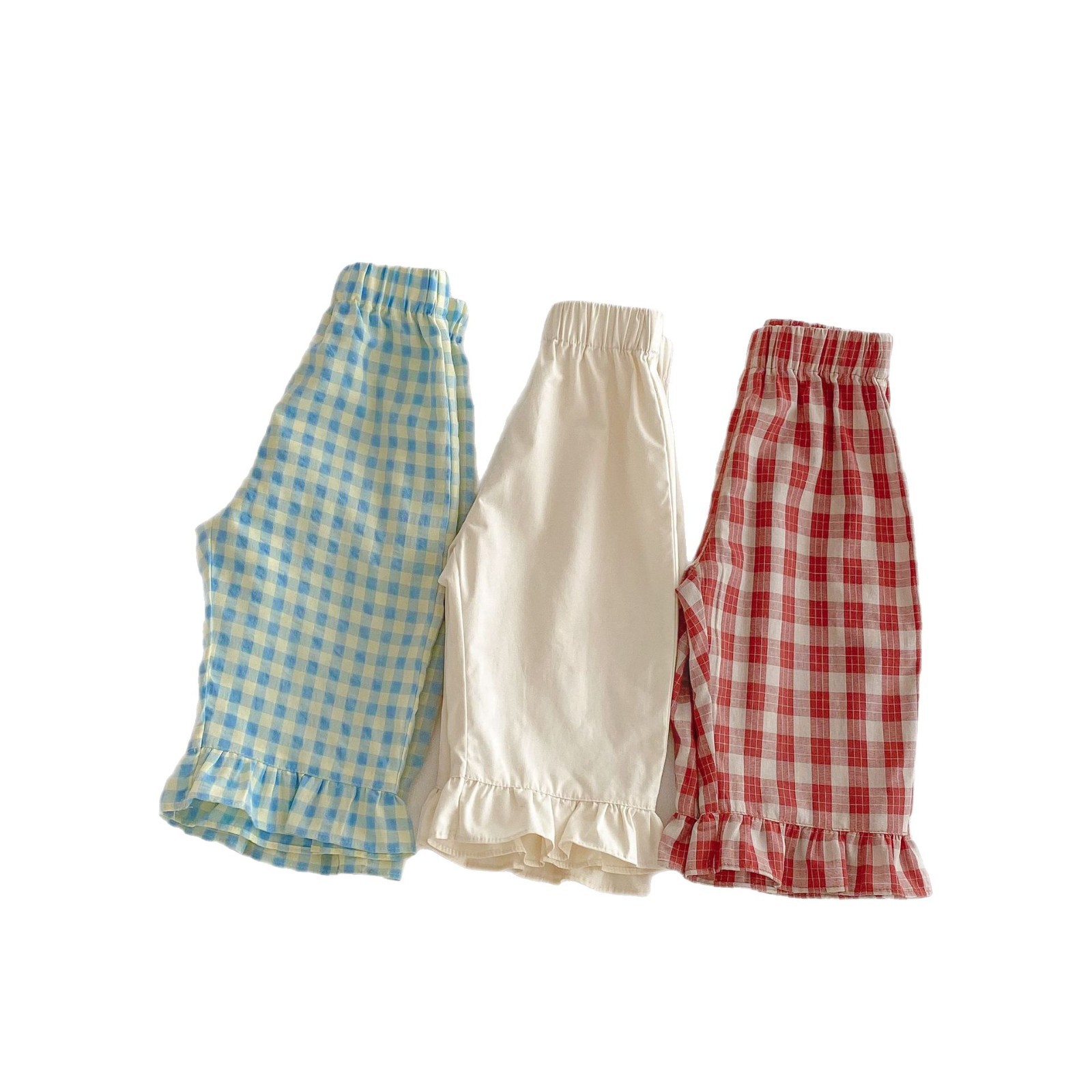 女の子無地ストレートパンツ 2025 新しい夏の子供の西洋スタイルのクラシックチェック柄カジュアルパンツベビー韓国スタイルパンツ