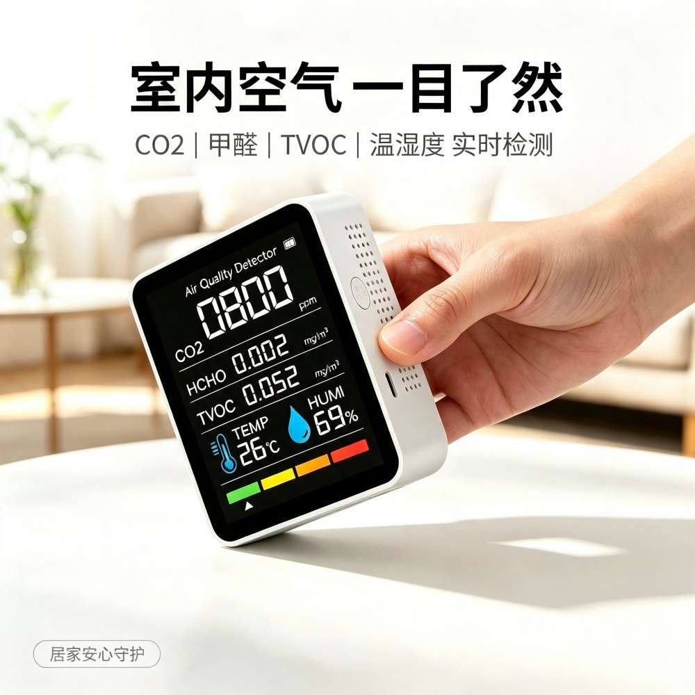 5合1功能空气质量检测,气体检测仪,CO2,甲醛HCHO,TVOC,温度,湿度