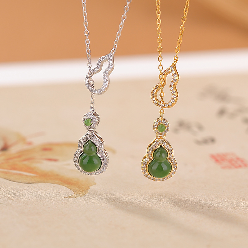Dây chuyền bạc S925 mạ vàng mặt ngọc Hetian hình quả bầu hạt Fulu — Mẫu bạc (bao gồm cả dây chuyền)