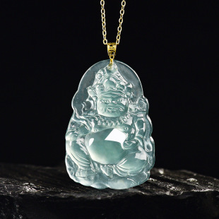 Natural A-Grade Jadeite Blue Water Yellow Wealth God Ice Jade Pendant with 18K Gold Clasp Inlaid Fashion Men's and Women's Pendant