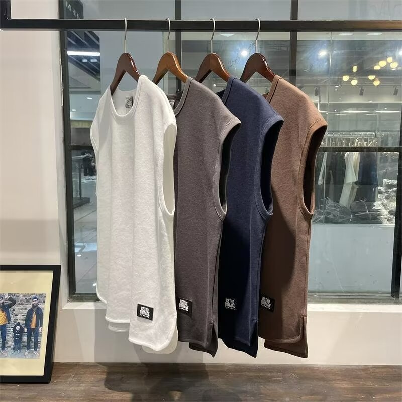夏のイントレンドアイスシルクノースリーブベスト白底半袖レトロベストメンズルーズTシャツアウターウェア|undefined