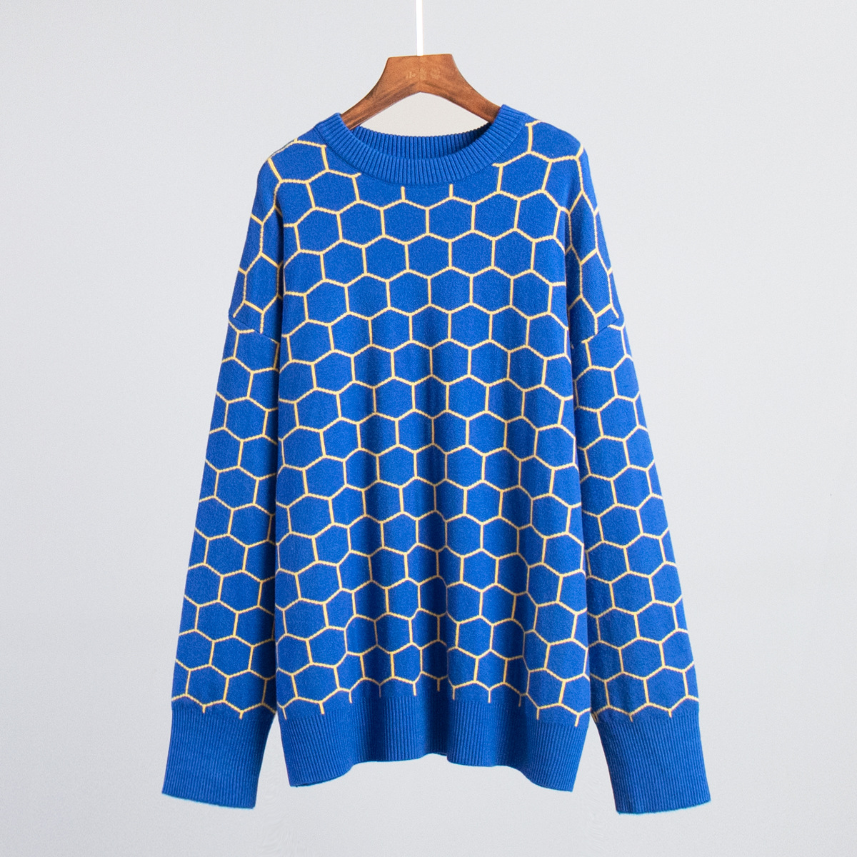 Women's Clothing round neck bee sweater loose temperament versatile plaid pullover sweater _voghion.com