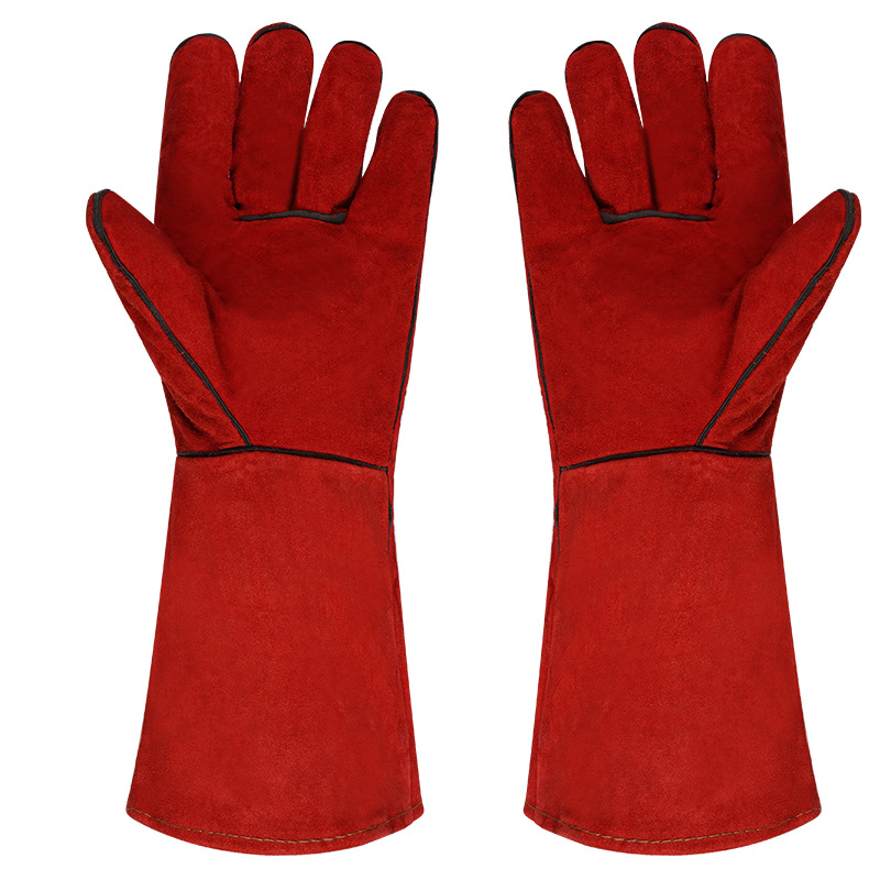 Guantes de soldadura eléctrica largos Huang Changniu todo el soldador de cuero de vaca todo el revestimiento de lana de doble capa gruesa guante de aislamiento térmico resistente al desgaste